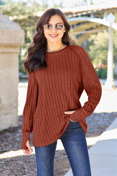 Basic Bae Full Size Ribbed Round Neck Long Sleeve Knit Top - Sweater - Brick Red - Bella Bourget