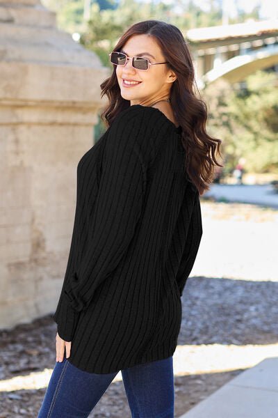 Basic Bae Full Size Ribbed Round Neck Long Sleeve Knit Top - Sweater - Black - Bella Bourget