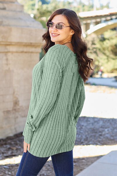 Basic Bae Full Size Ribbed Round Neck Long Sleeve Knit Top - Sweater - Light Green - Bella Bourget