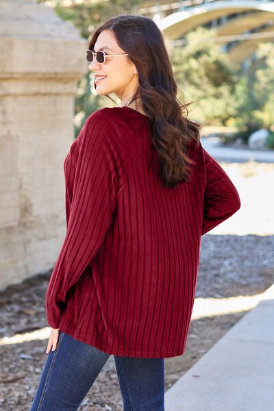 Basic Bae Full Size Ribbed Round Neck Long Sleeve Knit Top - Sweater - Scarlet - Bella Bourget