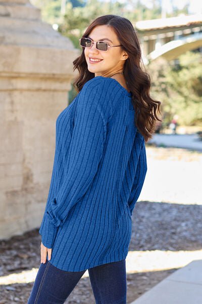 Basic Bae Full Size Ribbed Round Neck Long Sleeve Knit Top - Sweater - Royal Blue - Bella Bourget