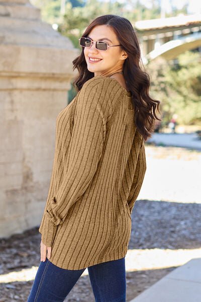 Basic Bae Full Size Ribbed Round Neck Long Sleeve Knit Top - Sweater - Tan - Bella Bourget