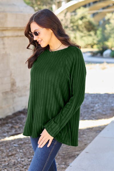 Basic Bae Full Size Ribbed Round Neck Long Sleeve Knit Top - Sweater - Green - Bella Bourget