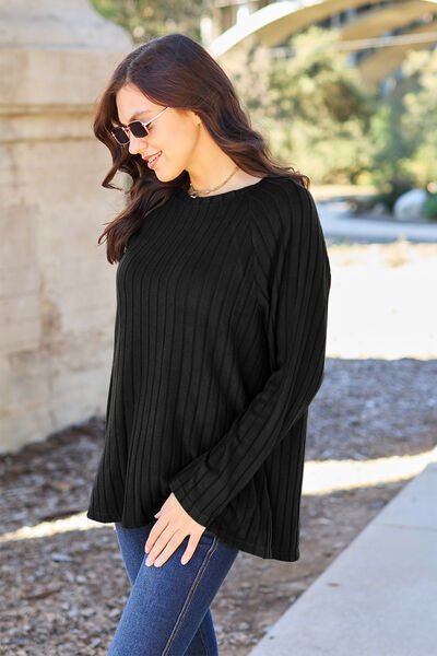 Basic Bae Full Size Ribbed Round Neck Long Sleeve Knit Top - Sweater - Black - Bella Bourget