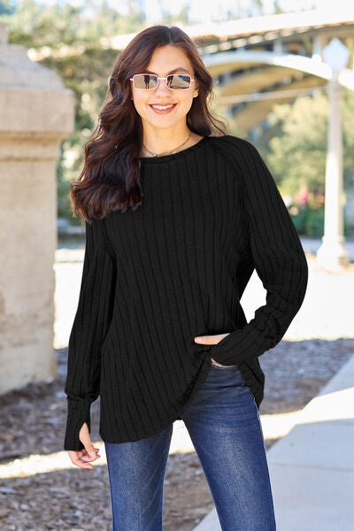 Basic Bae Full Size Ribbed Round Neck Long Sleeve Knit Top - Sweater - Black - Bella Bourget