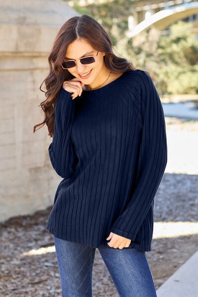 Basic Bae Full Size Ribbed Round Neck Long Sleeve Knit Top - Sweater - Peacock Blue - Bella Bourget