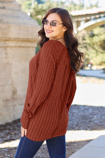 Basic Bae Full Size Ribbed Round Neck Long Sleeve Knit Top - Sweater - Brick Red - Bella Bourget