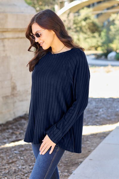 Basic Bae Full Size Ribbed Round Neck Long Sleeve Knit Top - Sweater - Peacock Blue - Bella Bourget