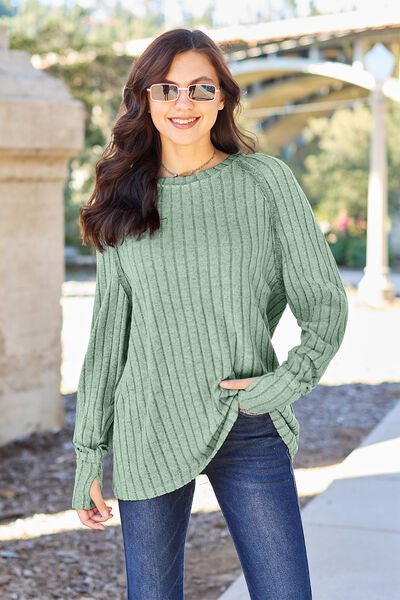 Basic Bae Full Size Ribbed Round Neck Long Sleeve Knit Top - Sweater - Light Green - Bella Bourget