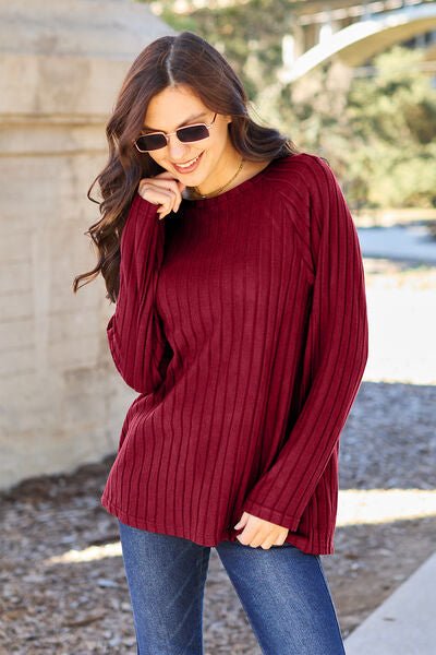 Basic Bae Full Size Ribbed Round Neck Long Sleeve Knit Top - Sweater - Scarlet - Bella Bourget