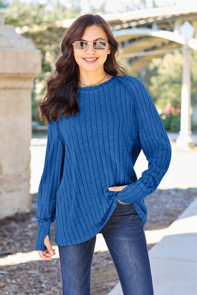 Basic Bae Full Size Ribbed Round Neck Long Sleeve Knit Top - Sweater - Royal Blue - Bella Bourget