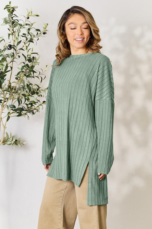 Basic Bae Full Size Ribbed Round Neck Long Sleeve Slit Top - Shirt - Gum Leaf - Bella Bourget