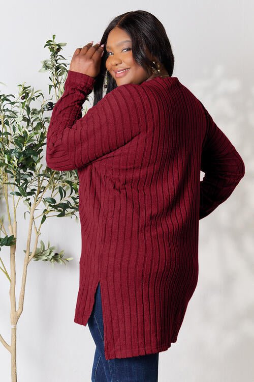 Basic Bae Full Size Ribbed Round Neck Long Sleeve Slit Top - Shirt - Wine - Bella Bourget