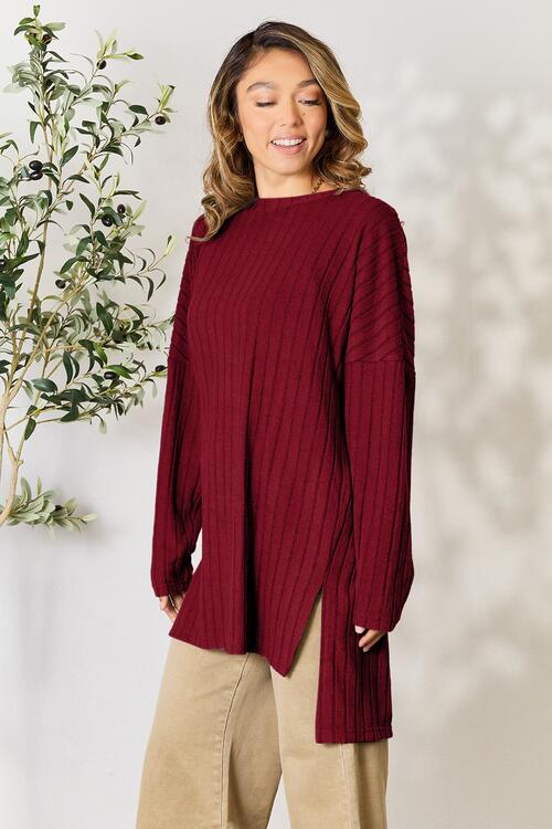 Basic Bae Full Size Ribbed Round Neck Long Sleeve Slit Top - Shirt - Wine - Bella Bourget