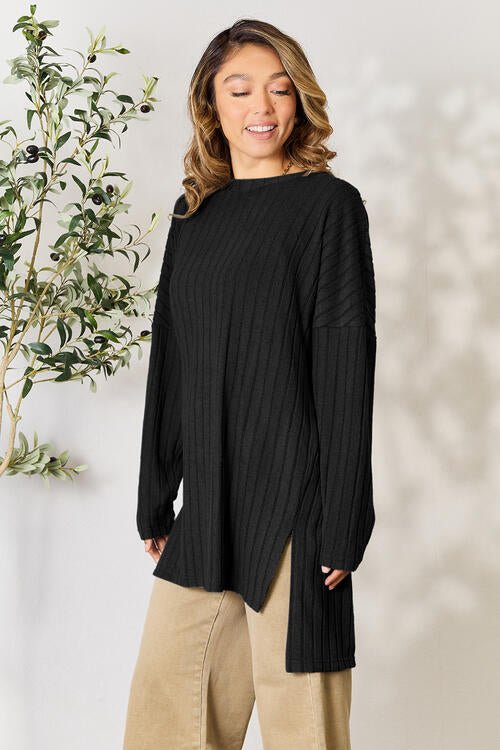 Basic Bae Full Size Ribbed Round Neck Long Sleeve Slit Top - Shirt - Black - Bella Bourget