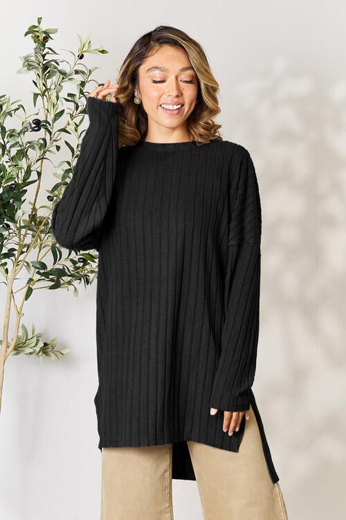 Basic Bae Full Size Ribbed Round Neck Long Sleeve Slit Top - Shirt - Black - Bella Bourget