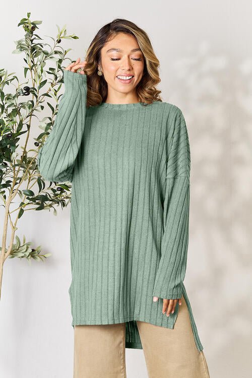 Basic Bae Full Size Ribbed Round Neck Long Sleeve Slit Top - Shirt - Gum Leaf - Bella Bourget