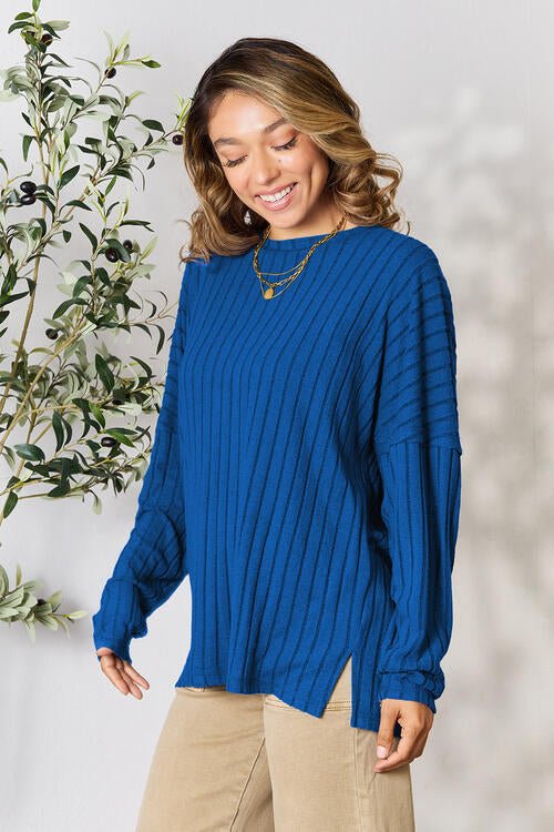 Basic Bae Full Size Ribbed Round Neck Slit T - Shirt - Sweater - Peacock Blue - Bella Bourget