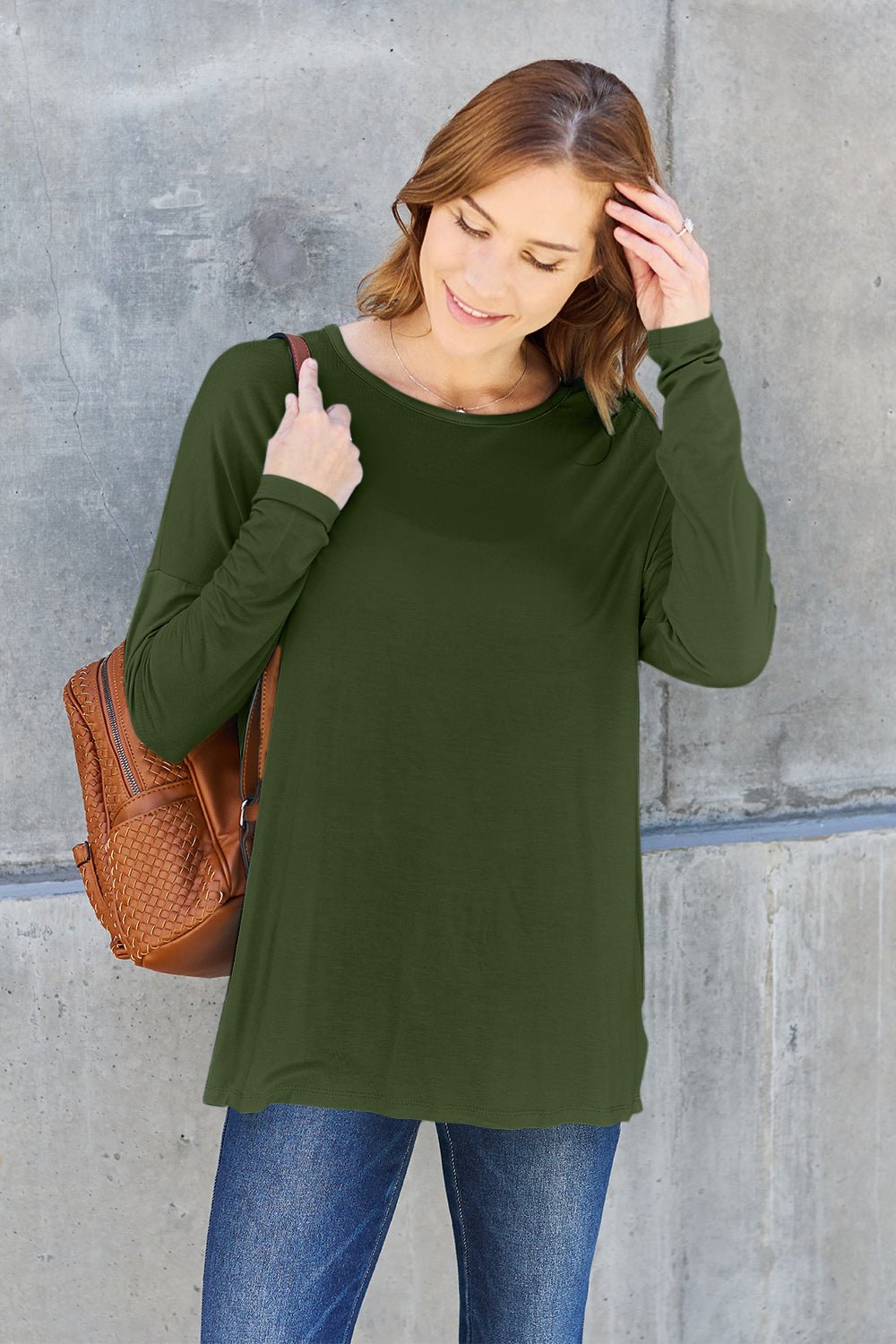 Basic Bae Full Size Round Neck Dropped Shoulder T - Shirt - Shirt - Army Green - Bella Bourget