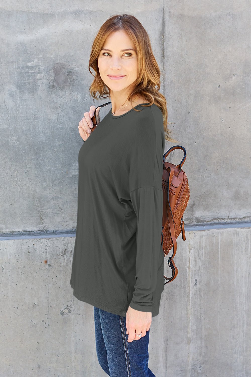 Basic Bae Full Size Round Neck Dropped Shoulder T - Shirt - Shirt - Charcoal - Bella Bourget