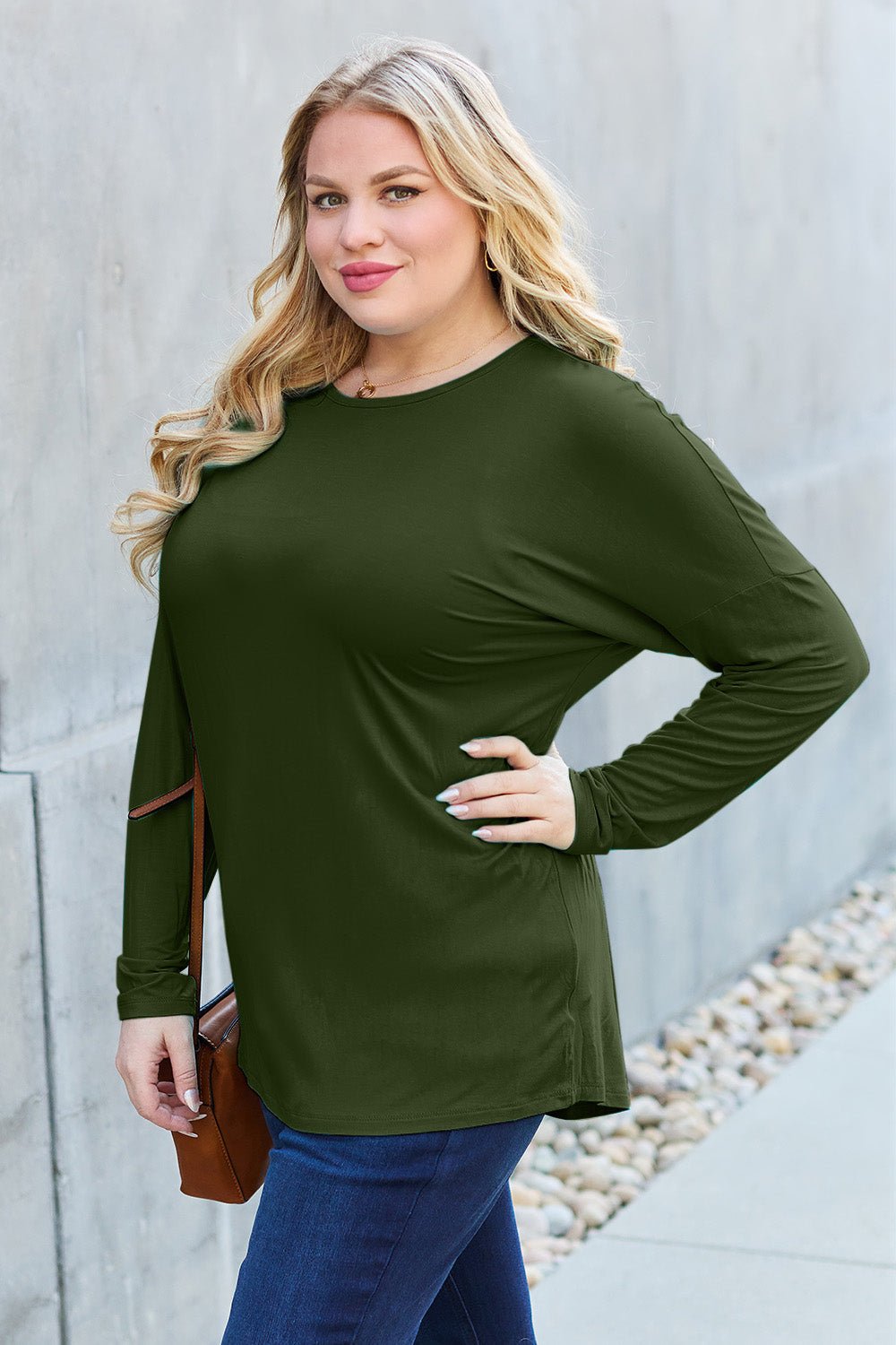 Basic Bae Full Size Round Neck Dropped Shoulder T - Shirt - Shirt - Army Green - Bella Bourget