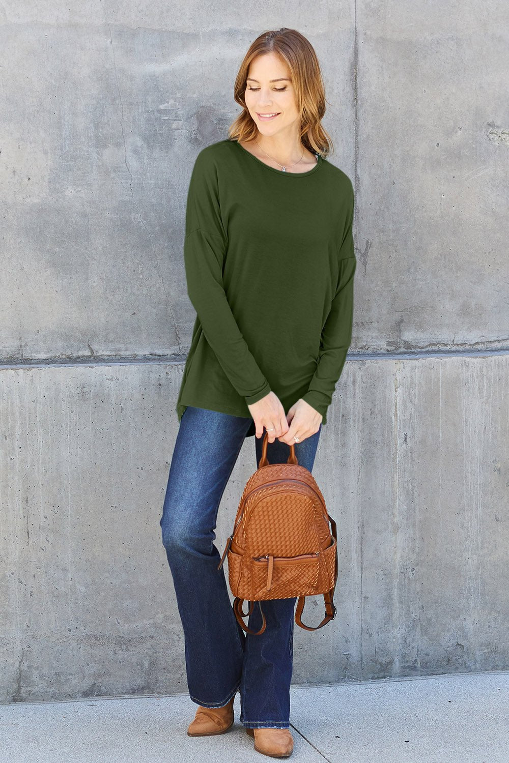 Basic Bae Full Size Round Neck Dropped Shoulder T - Shirt - Shirt - Army Green - Bella Bourget