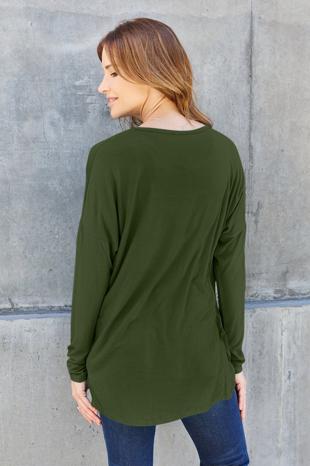 Basic Bae Full Size Round Neck Dropped Shoulder T - Shirt - Shirt - Army Green - Bella Bourget