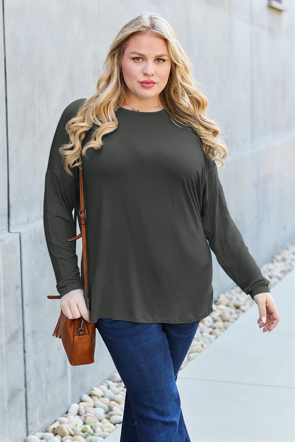 Basic Bae Full Size Round Neck Dropped Shoulder T - Shirt - Shirt - Charcoal - Bella Bourget