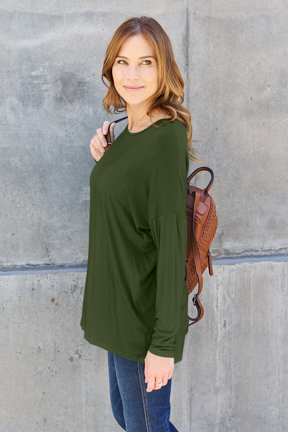 Basic Bae Full Size Round Neck Dropped Shoulder T - Shirt - Shirt - Army Green - Bella Bourget