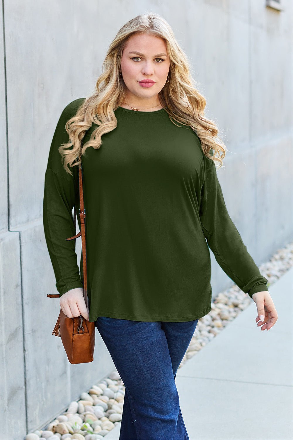 Basic Bae Full Size Round Neck Dropped Shoulder T - Shirt - Shirt - Army Green - Bella Bourget