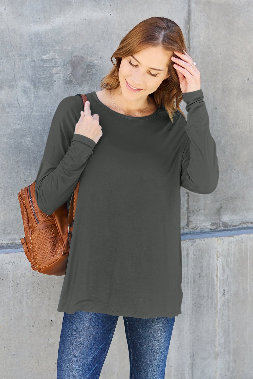 Basic Bae Full Size Round Neck Dropped Shoulder T - Shirt - Shirt - Charcoal - Bella Bourget