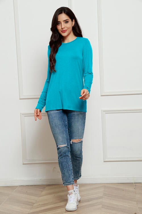 Basic Bae Full Size Round Neck Long Sleeve Top - Shirt - Azure - Bella Bourget