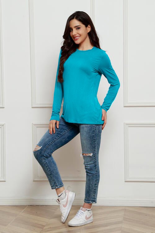 Basic Bae Full Size Round Neck Long Sleeve Top - Shirt - Azure - Bella Bourget