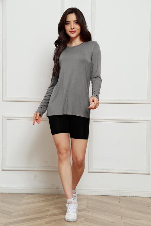 Basic Bae Full Size Round Neck Long Sleeve Top - Shirt - Charcoal - Bella Bourget