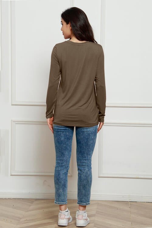 Basic Bae Full Size Round Neck Long Sleeve Top - Shirt - Coffee Brown - Bella Bourget