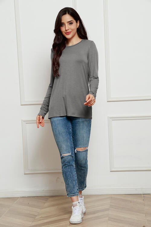 Basic Bae Full Size Round Neck Long Sleeve Top - Shirt - Charcoal - Bella Bourget