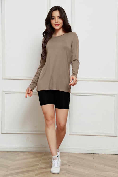 Basic Bae Full Size Round Neck Long Sleeve Top - Shirt - Taupe - Bella Bourget