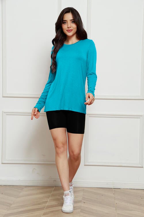 Basic Bae Full Size Round Neck Long Sleeve Top - Shirt - Azure - Bella Bourget