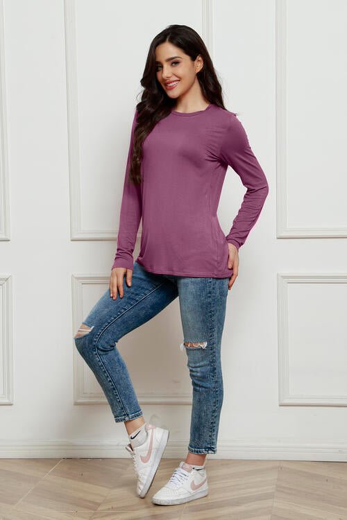 Basic Bae Full Size Round Neck Long Sleeve Top - Shirt - Dusty Purple - Bella Bourget