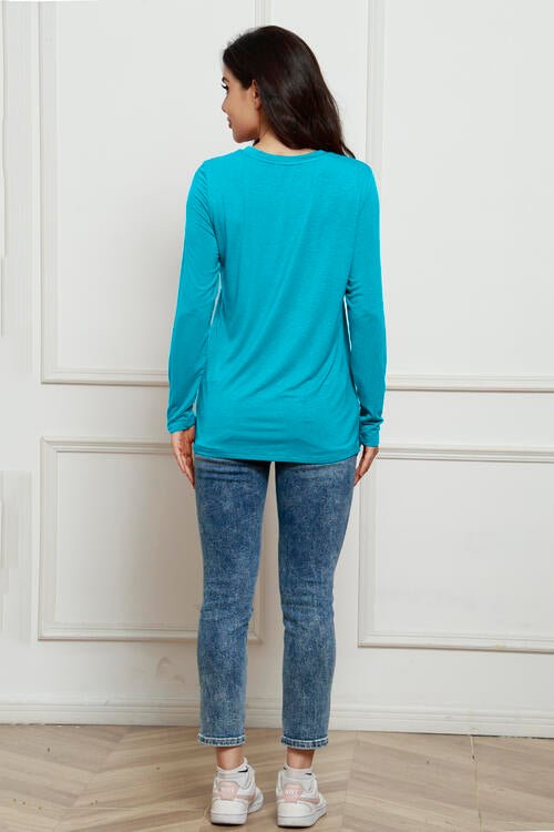 Basic Bae Full Size Round Neck Long Sleeve Top - Shirt - Azure - Bella Bourget