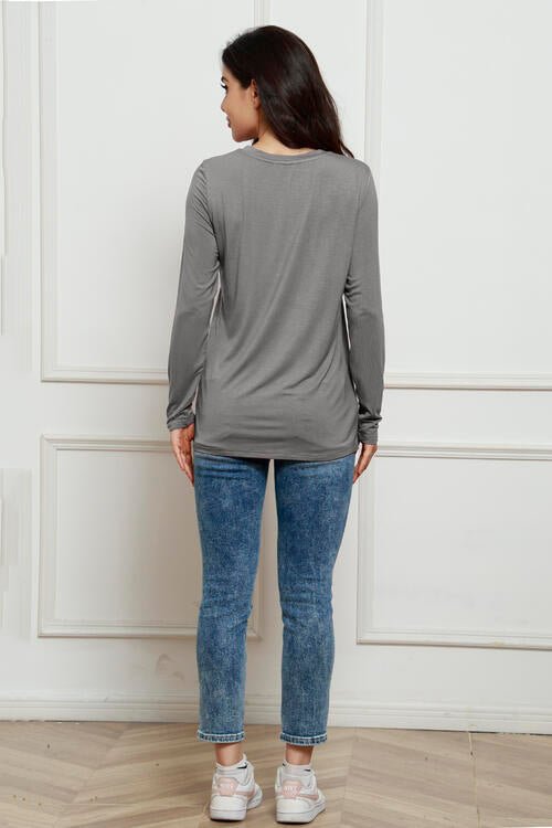 Basic Bae Full Size Round Neck Long Sleeve Top - Shirt - Charcoal - Bella Bourget