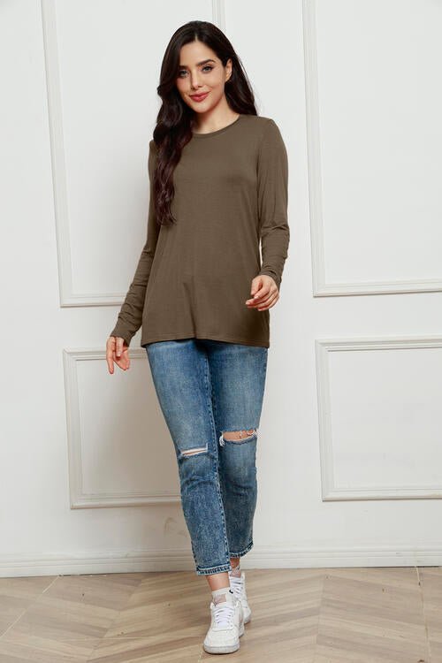 Basic Bae Full Size Round Neck Long Sleeve Top - Shirt - Coffee Brown - Bella Bourget