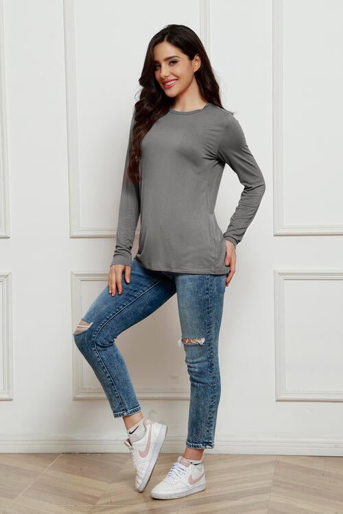 Basic Bae Full Size Round Neck Long Sleeve Top - Shirt - Charcoal - Bella Bourget