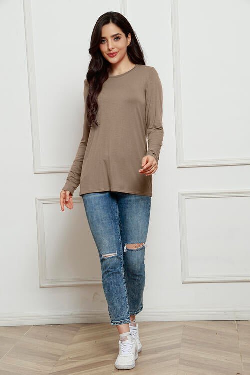 Basic Bae Full Size Round Neck Long Sleeve Top - Shirt - Taupe - Bella Bourget