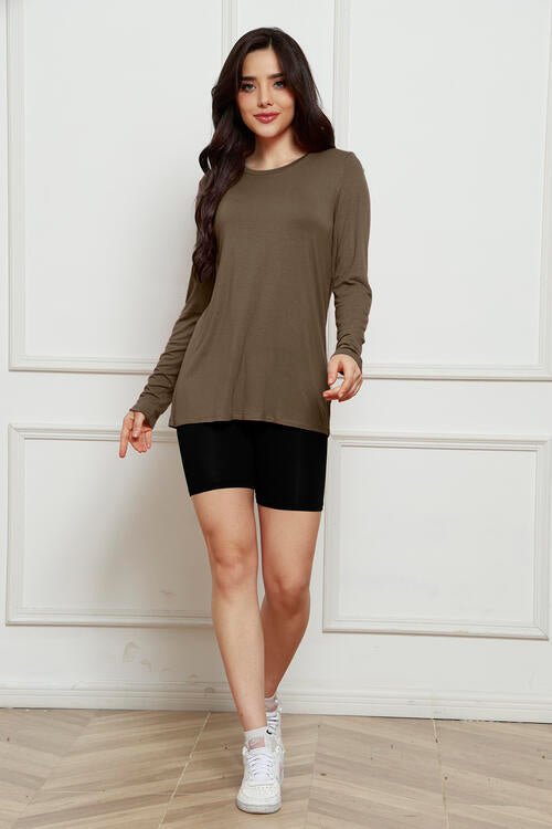 Basic Bae Full Size Round Neck Long Sleeve Top - Shirt - Coffee Brown - Bella Bourget