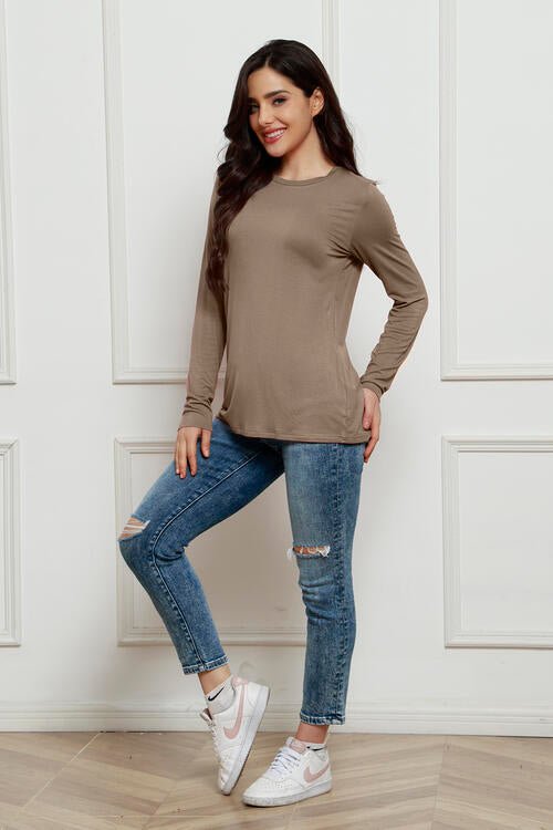 Basic Bae Full Size Round Neck Long Sleeve Top - Shirt - Taupe - Bella Bourget