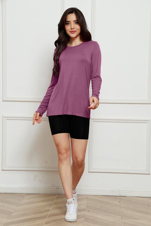 Basic Bae Full Size Round Neck Long Sleeve Top - Shirt - Dusty Purple - Bella Bourget