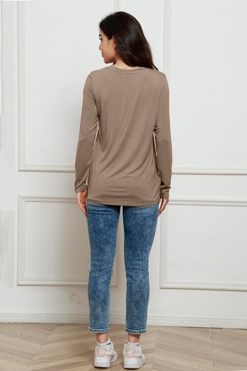 Basic Bae Full Size Round Neck Long Sleeve Top - Shirt - Taupe - Bella Bourget