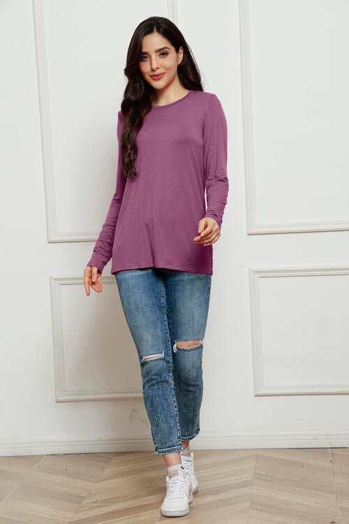 Basic Bae Full Size Round Neck Long Sleeve Top - Shirt - Dusty Purple - Bella Bourget