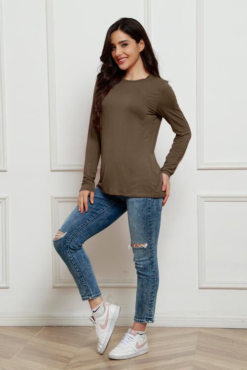 Basic Bae Full Size Round Neck Long Sleeve Top - Shirt - Coffee Brown - Bella Bourget